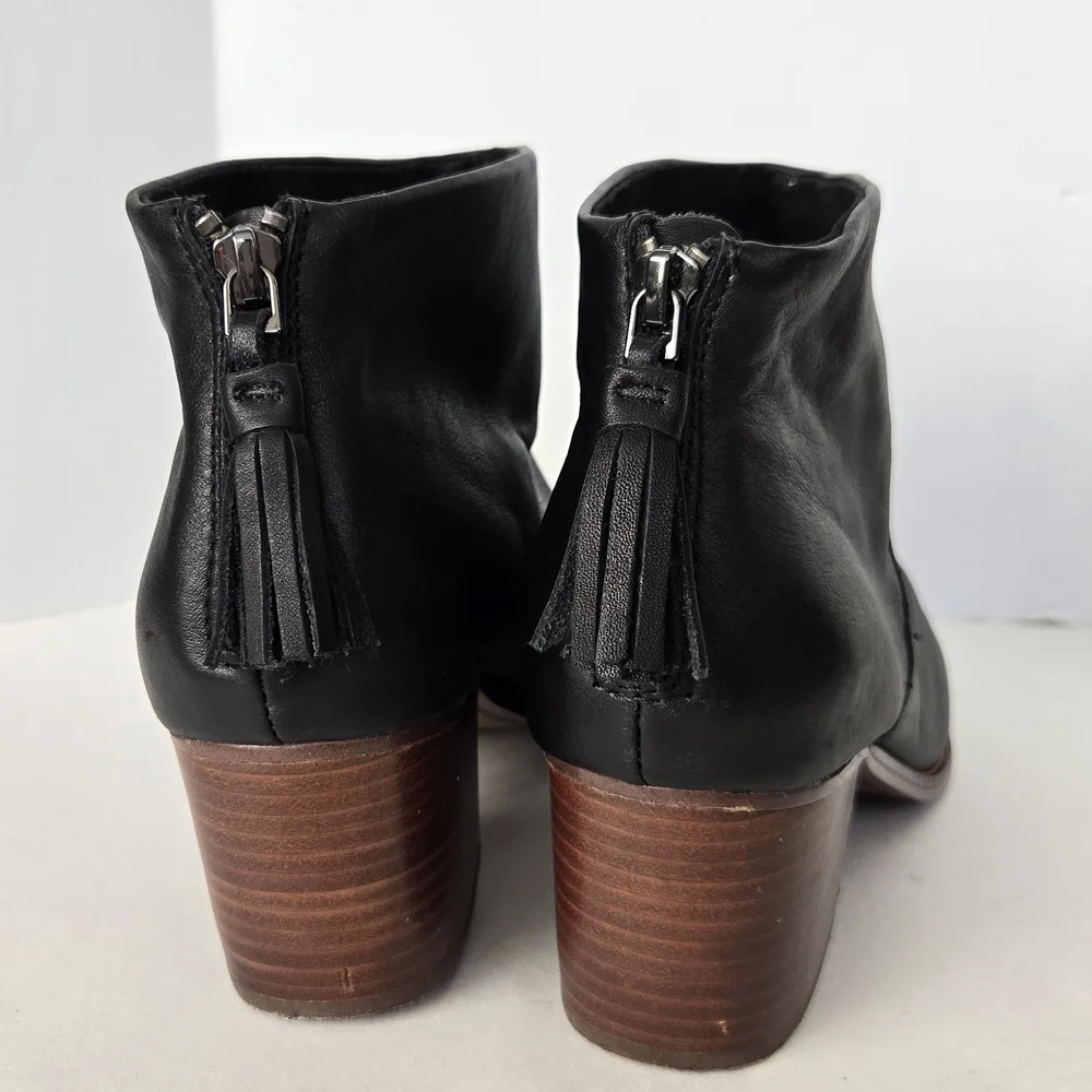 Toms Black Leather Ankle Boots with Brown Heel And Tassels